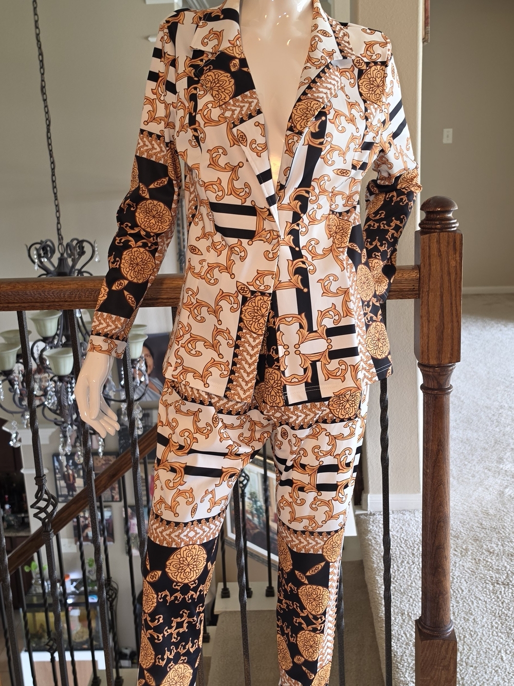 Printed Blazer & Trouser Set - Black, White & Gold